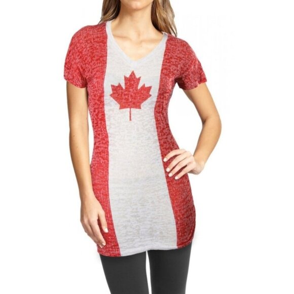 3/$20 WORLD CALHOUN Canadian Flag Burnout Tunic Tshirt Vneck Canada Day Top - Picture 1 of 12